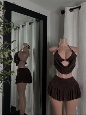 Brown Draped Halter Crop Top and Pleated Mini Skirt Set